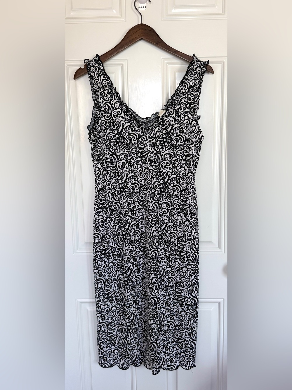 Wet Seal Black & White Swirl Ruffle-Trim Midi Dress